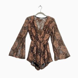 Audrey3+1 Lace Bell Sleeve Short Romper in Black/Rose Gold - Size Small